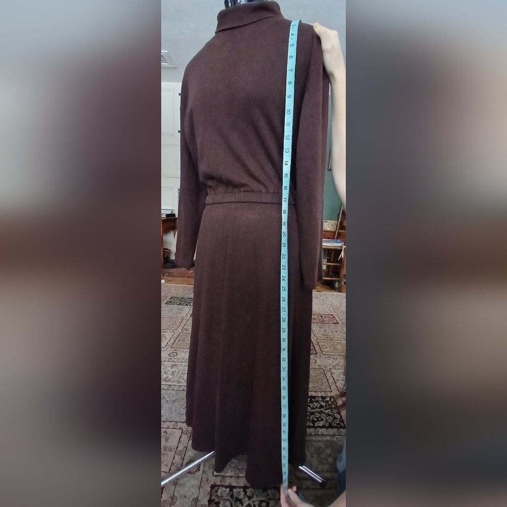 Vintage Fads Chocolate Brown Cotton Knit Midi Turtleneck Dress - Picture 5 of 10